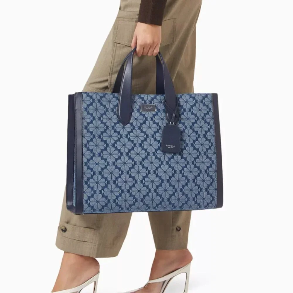 Kate Spade Jacquard Denim Large Manhattan Tote Bag Blue Flower Shoulder Strap - Picture 5 of 13